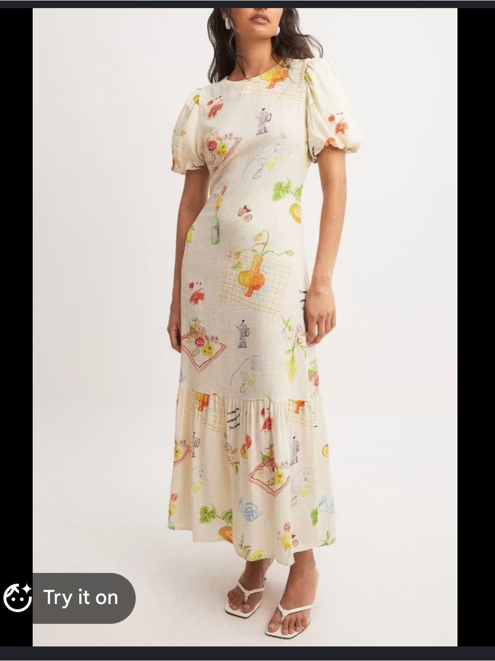 Cream Puff-Sleeve Maxi Dress with Multicolor Sketch Print